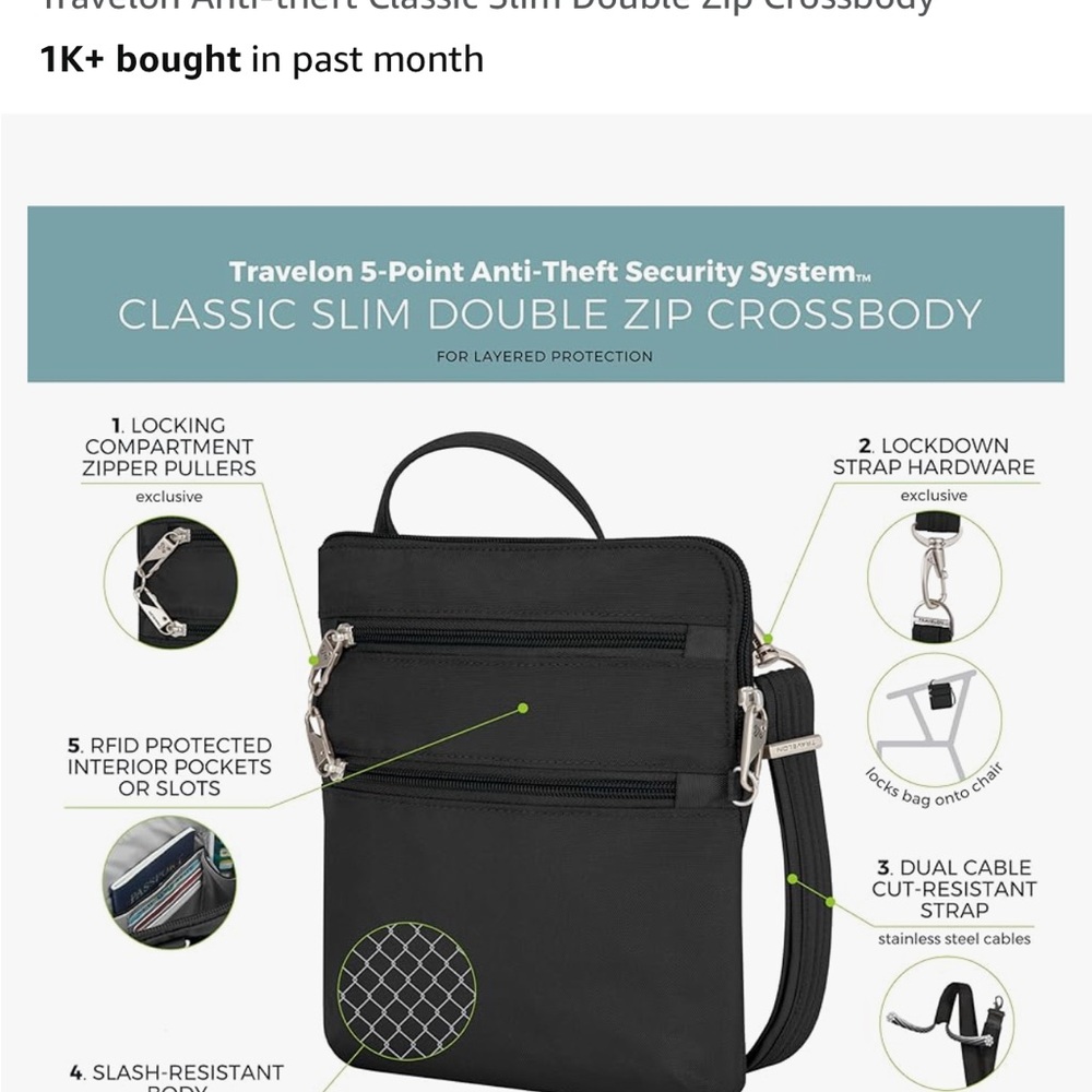 NWT Travelon slim double zip Black Crossbody anti theft Bag - Picture 8 of 15